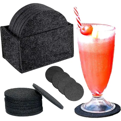 Produktbild von Filz Glasuntersetzer Set 14-teilig schwarz mit Box, runde Tischuntersetzer saugfähig 5 mm dick für Kaffee, und Getränke