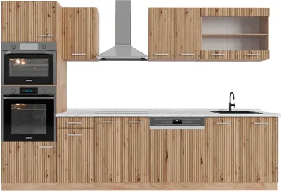 Zdjęcie produktu dla Aneks kuchenny Vicco R-Line Dąb Artisan/Dąb Goldkraft 300 cm z wysoką szafką, BR Marmur, Model 48915