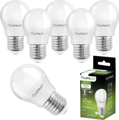 A set of six LED light bulbs and one package of the same light bulbs are shown against a white background.