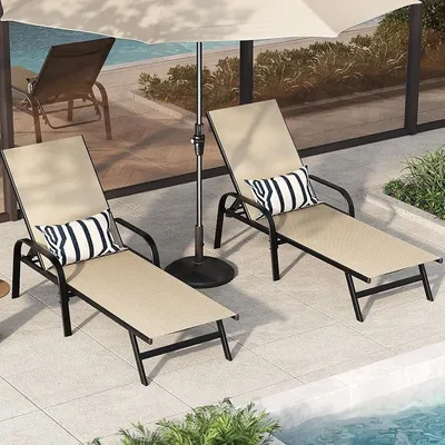 Imagen del producto de Tumbona, silla de jardín ajustable fabricada en textileno, tumbona para piscina con respaldo ajustable en 5 posiciones, resistente a la intemperie, ideal para jardín, terraza o balcón, color gris, juego de 2 unidades