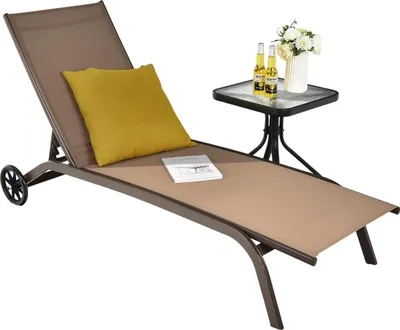 Produktbild von KOMFOTTEU Sonnenliege mit Rädern & Verstellbarer Rückenlehne, Gartenliege atmungsaktive, Strandliege auf Rädern bis 150 kg, Relaxliege Liegestuhl für Garten, Balkon, Terrasse (Braun)