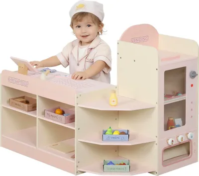 Obrázek produktu pro Dřevěný supermarket pro děti – obchod – pokladna – automat – 3 otevřené police – 4 přihrádky – růžový