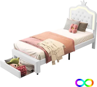 Zdjęcie produktu dla Łóżko tapicerowane Fortuna Lai 90x200 cm, LED, kształt kwiatu, schowek, regulowana wysokość, sztuczna skóra, biały