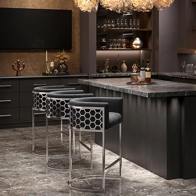 Produktbild von riess-ambiente Barhocker ELEGANCE grau silber Samt Edelstahl mit Armlehne und Fußablage