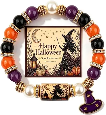 Produktbild von Halloween Armband mit Katzen, Totenköpfen und Hexenhut, Einheitsgröße, für Halloween