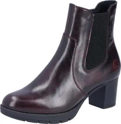 A single burgundy leather boot with a block heel, shown from a side-diagonal angle against a white background.