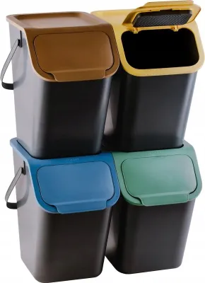 A stack of four recycling bins with different colored lids.