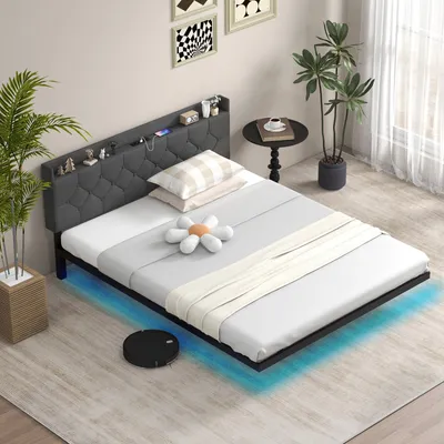 Produktbild von LED-Schwebebettgestell, 160 x 200 cm großes Metallbett mit Lattenrost, höhenverstellbarem Kopfteil & Steckdosen, mit Stauraum & App-Steuerung, Grau