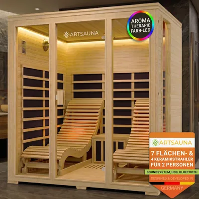 Produktbild von Artsauna Infrarotkabine Billund – Dual-Heizsystem Infrarotsauna - 2 Personen – LED-Farblicht, digitaler Steuerung – Hemlock-Holz