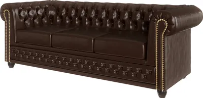 A brown leather chesterfield sofa with decorative trim and brass nailhead accents.