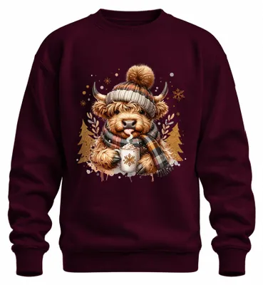 Produktbild von Highland Kuh Schal Becher Kakao Schottisches Hochlandrind Sweatshirt Pullover, Burgundy, XL