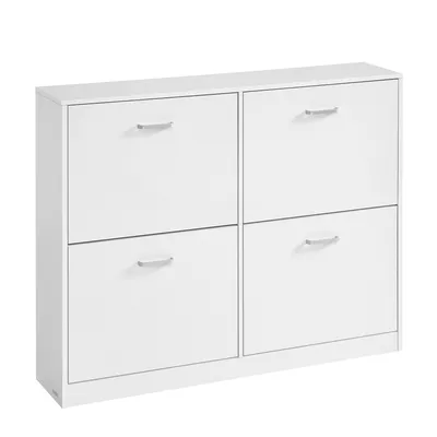 A white shoe cabinet with four flip-down doors and silver handles, shown against a white background.