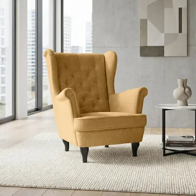 Produktbild von Ohrensessel mit Steppung, Sessel im Chesterfield Stil FALCO (Stoff: Raven 66 - Gelb, Beinefarbe: Wenge)