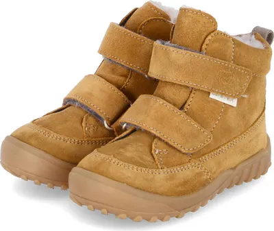 A pair of children's brown suede boots with velcro straps and white fur lining, shown against a white background.