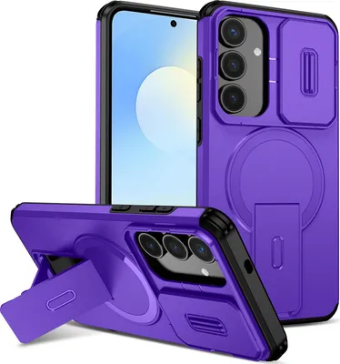 Produktbild von Magnetisch Hülle für Samsung Galaxy S25 FE, Dual Layer Stoßfest Handyhülle mit Dia Kameraschutz, Verstellbarem Ständer Lila