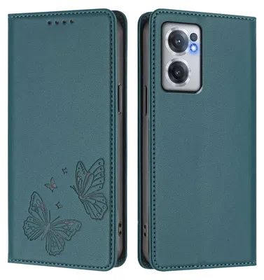 Image de Étui en cuir pour OnePlus Nord CE 2 5G, étui de protection type portefeuille en cuir gaufré « papillon » avec support, vert