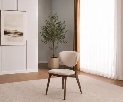Immagine prodotto di Moderna sedia da pranzo con gambe in legno e rivestimento in tessuto beige: comoda ed elegante
