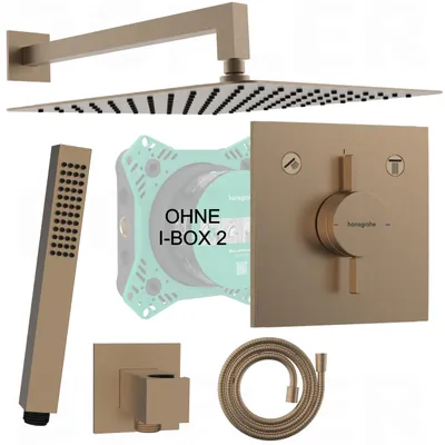 A collage of shower system components including a showerhead, hand shower, control valve, hose, and mounting bracket.