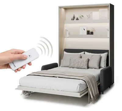 Produktbild von MEBLINI Elektrisches Schrankbett Bed Concept - Wandbett mit Lattenrost, Matratze, Sofa und Kopfteil - Wandklappbett - BC-36 - 140x200cm Vertikal - Kaschmir - Sofa und Kopfteil Dunkelgrau