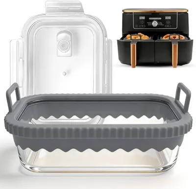 Productafbeelding van Glazen ovenschaal met siliconen handvatten 21x16x7 cm, grijs, BPA-vrij, voor airfryer