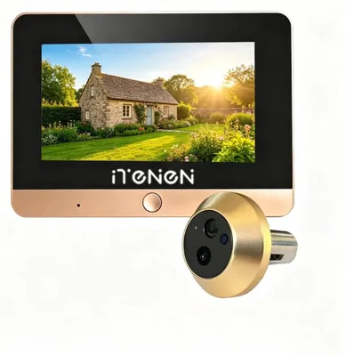 Zdjęcie produktu dla Kamera do drzwi – cyfrowy wideodomofon – Wi-Fi 2,4 GHz – 5 MP – szeroki kąt widzenia 140° – noktowizor – kolorowy wyświetlacz 12,7 cm – bateria 10 000 mAh – kolor złoty