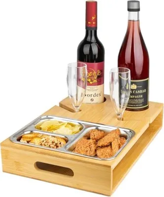 Produktbild von PolkaHome® Bambus Tablett mit 2 Snackschalen und Becherhalter für Couch, Partys und Picknicks