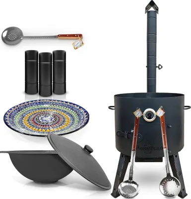 Produktbild von Kessel 22 l Gusseisen Kazan Deckel Utschak Feuerofen 49cm Schaumlöffel Lagan Outdoor