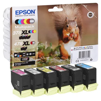 Obrázok produktu pre Epson Squirrel 6-farebný atrament Claria Photo HD 378XL/478XL veverička multipack, Vysoký (XL) výnos, Čierna, Azúrová, Purpurová, Žltá, Červená, Šedá, 11,2 ml, 9,3 ml, 1 kusov, Viacnásobné balenie
