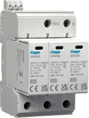 Produktbild von HAGER SPD Überspannungsableiter T1+T2 3P Netz TN-C Iimp 37,5kA In 50kA Up 1,2kV Kontakt SPA930