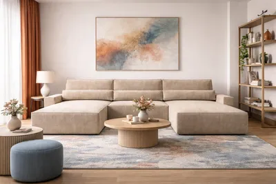 Produktbild von MOEBLO Wohnlandschaft DENVER U – Eckcouch aus Cordstoff Ecksofa U-Form Cord Sofa Couch Polsterecke U-Sofa mit Bettkasten und Schlaffunktion (BxHxT): 410x85x200 cmDenver U - Poso 02 Dunkelbeige