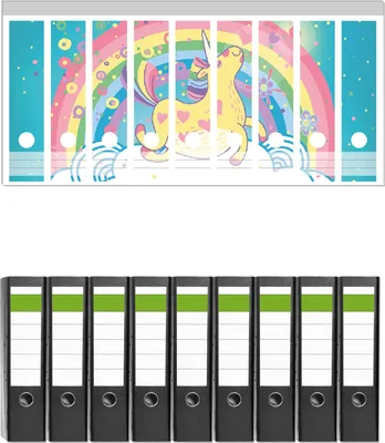 Produktbild von Wallario 9 Stück breite Ordner inkl. Klebeetiketten mit Motive Lustiges Einhorn auf einer Wolke vor Regenbogen -  Set mit Rückenschildern / Ordnerrücken Stickern