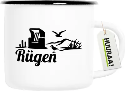 Produktbild von Huuraa Emaille Tasse Rügen Strandmotiv 300ml Vintage Campingbecher Geschenkidee