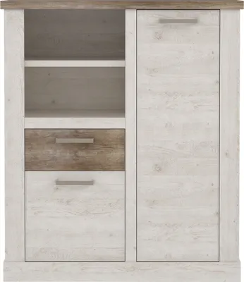 A front view of a highboard cabinet with two doors and drawers.