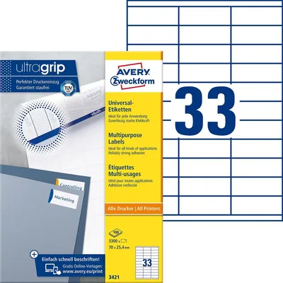 Immagine prodotto di Avery - Mehrzwecketiketten - weiß - 70 x 25,4 mm - 3300 Stck. (100 Bogen x 33) (3421)