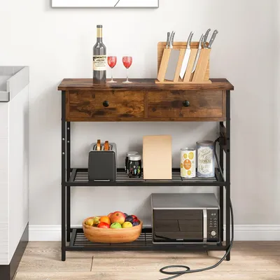 A kitchen console table with two drawers and two shelves, displaying various kitchen items.