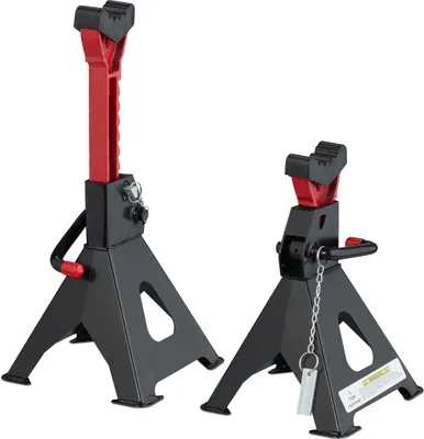 Immagine prodotto di Set da 2 cavalletti Relaxdays, 29-42 cm, sollevatore regolabile in altezza, portata 3 t, auto, roulotte, acciaio, nero/rosso