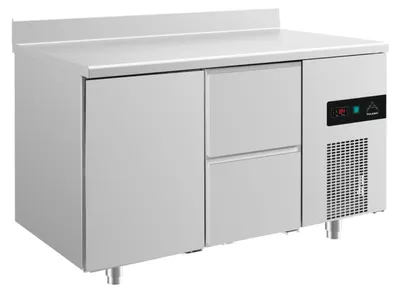 Produktbild von Gastro Kühltisch | Edelstahl | 1 Tür / 2 Schubladen | Aufkantung | 1400 x 700 x 850 mm | -2 / +8 °C | 281 Liter
