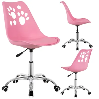 Collage of pink office chairs with paw print cutouts.