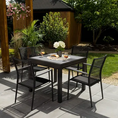 Produktbild von di volio Gartenmöbel PAVIA, ausziehbarer Gartentisch mit 4 Stühlen - Set, Essgruppe für 4 Personen, langlebig & wetterfest, aus hochwertigen Materialien