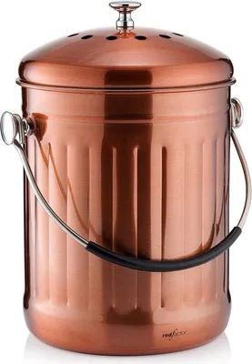 A copper-colored compost bin with a lid and handle, shown against a white background.