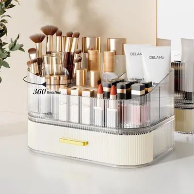 Produktbild von Make-up-Organizer für den Schminktisch mit stapelbaren Schubladen, 360° drehbarer Make-up-Pinselhalter, große Kosmetikvitrine für die Kommode