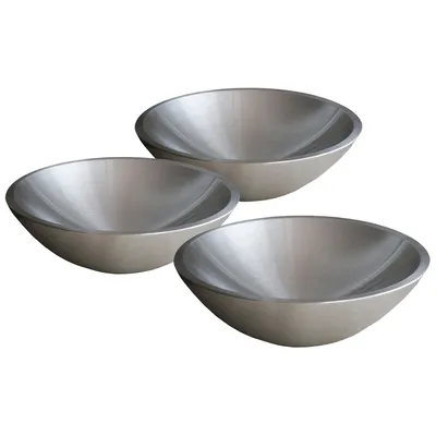 Three stainless steel bowls are arranged in a cluster on a white background.