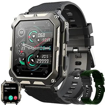 Produktbild von Smartwatch Herren mit Telefonfunktion, 1,81" Touchscreen 5ATM Wasserdicht Sportuhr mit Blutdruckmessung, Herzfrequenz, Schrittzähler, 123 Sportmodi Militärische Fitnessuhr für iOS Android (Schwarz)