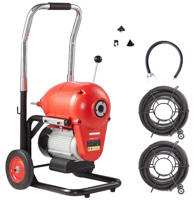 Zdjęcie produktu dla Maszyna do czyszczenia rur VEVOR 120 ft x 6/5 cali, 1100 W elektryczna maszyna do czyszczenia rur z ręcznym podawaniem - z 2 stalowymi linami, 6 obcinakami i sterowaniem CW/CCW dla rur od 4" do 8"