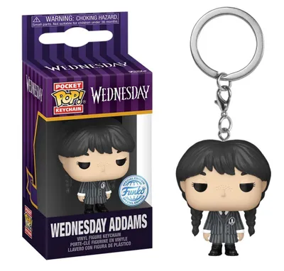 A product shot of a Wednesday Addams Funko Pocket POP! keychain in its packaging and also displayed outside of the packaging.