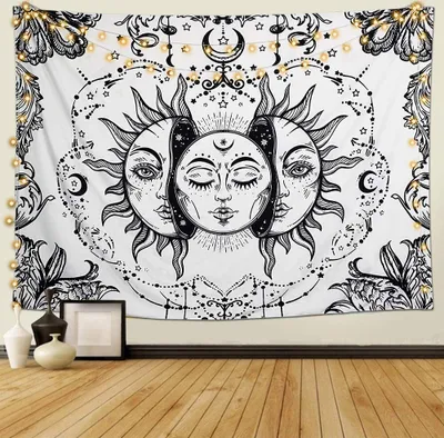 Produktbild von Tarot Wandteppich Psychedelische Sonne und Mond Wandteppich Mandala Tuch Wandtuch Schwarz und Weiß Tapisserie Wandbehang Tapestry Schlafzimmer Studio Nachbildung (Weiß,100*150)