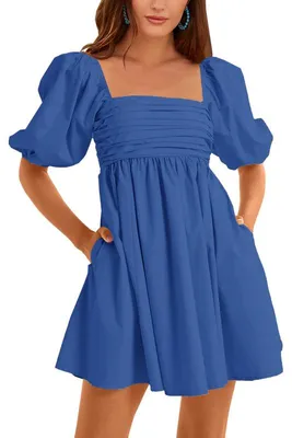 Produktbild von Imily Bela Damenkleid mit eckigem Ausschnitt, halben Puffärmeln, hoher Taille, A-Linie, lässigem rückenfreiem, gerafftem kurzem Babydoll-Minikleid