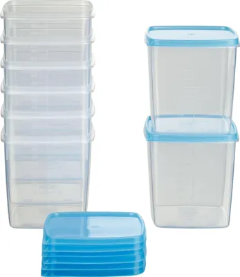 A collection of transparent food storage containers with blue lids, stacked and arranged on a white background.