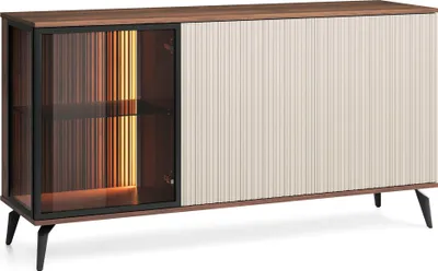 Obrázek produktu pro Komoda, prádelník Dawson K154 - ořech - kašmír - prosklená - LED osvětlení - šířka 154 cm, výška 80 cm, hloubka 39 cm