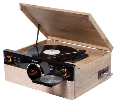 A retro-style music center with a turntable, CD player, and cassette player, shown with its lid open.